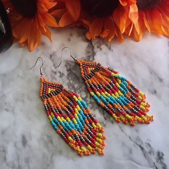 Native American-Style Beaded Tassel Fashion Earrings Orange - Picture 5 of 10